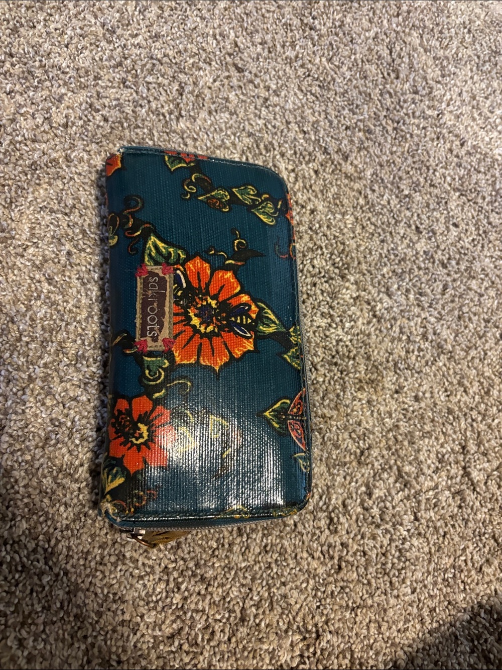 Sakroots Teal Floral Zip Phone Wallet Case with Orange Flowers